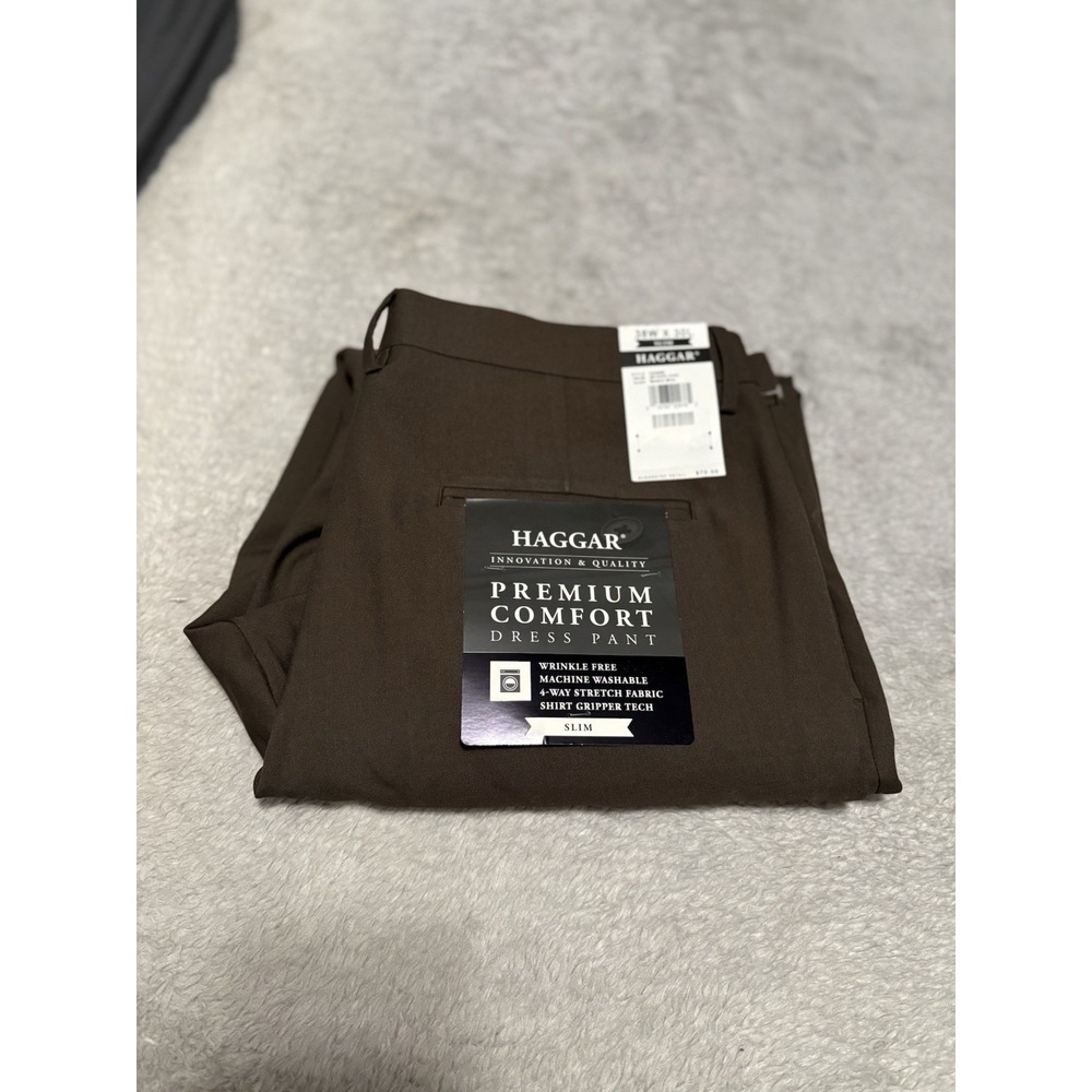Haggar Premium Comfort Dark Chocholate Brown Dress Slim Pants Size 38x30 NWT